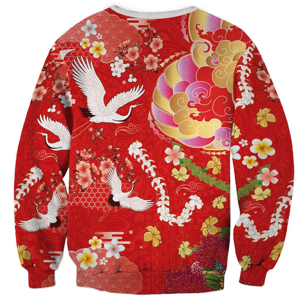 Hawaiian and Japanese Culture Together Sweatshirt Kakau Tribal Pattern and Irezumi Art Red Color