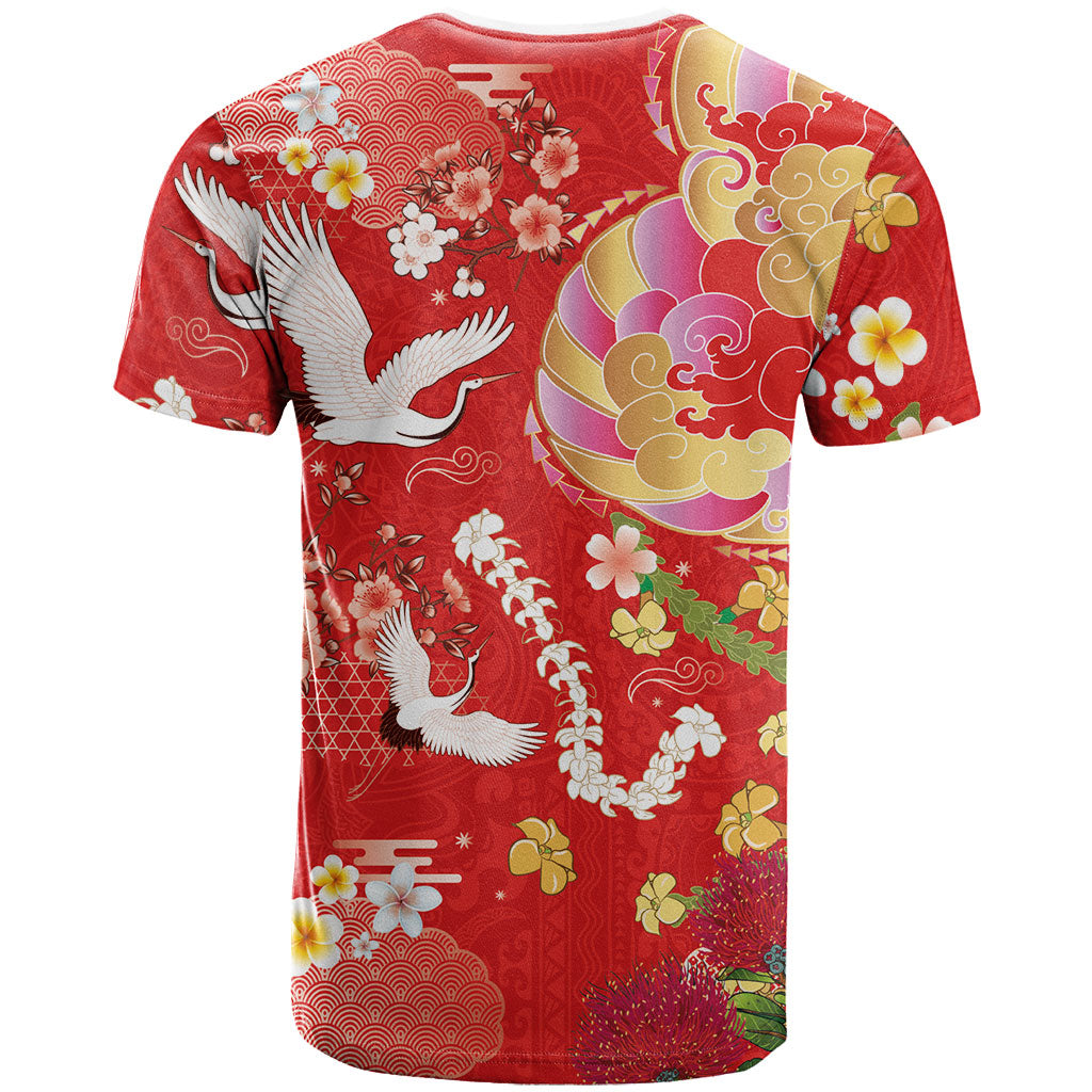 Hawaiian and Japanese Culture Together T Shirt Kakau Tribal Pattern and Irezumi Art Red Color