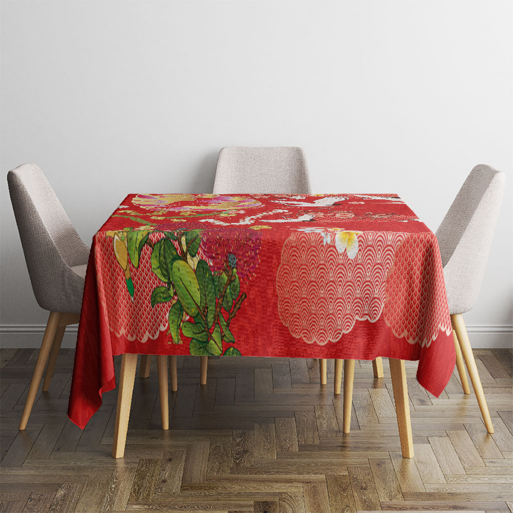 Hawaiian and Japanese Culture Together Tablecloth Kakau Tribal Pattern and Irezumi Art Red Color