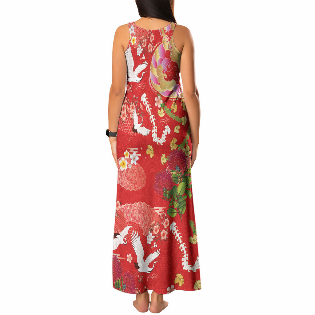 Hawaiian and Japanese Culture Together Tank Maxi Dress Kakau Tribal Pattern and Irezumi Art Red Color