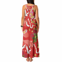 Hawaiian and Japanese Culture Together Tank Maxi Dress Kakau Tribal Pattern and Irezumi Art Red Color