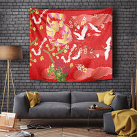 Hawaiian and Japanese Culture Together Tapestry Kakau Tribal Pattern and Irezumi Art Red Color