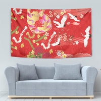 Hawaiian and Japanese Culture Together Tapestry Kakau Tribal Pattern and Irezumi Art Red Color