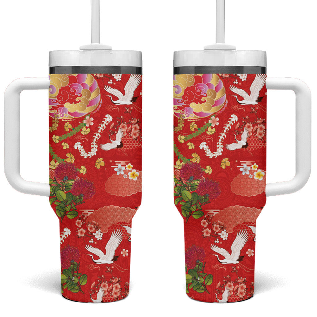 Hawaiian and Japanese Culture Together Tumbler With Handle Kakau Tribal Pattern and Irezumi Art Red Color
