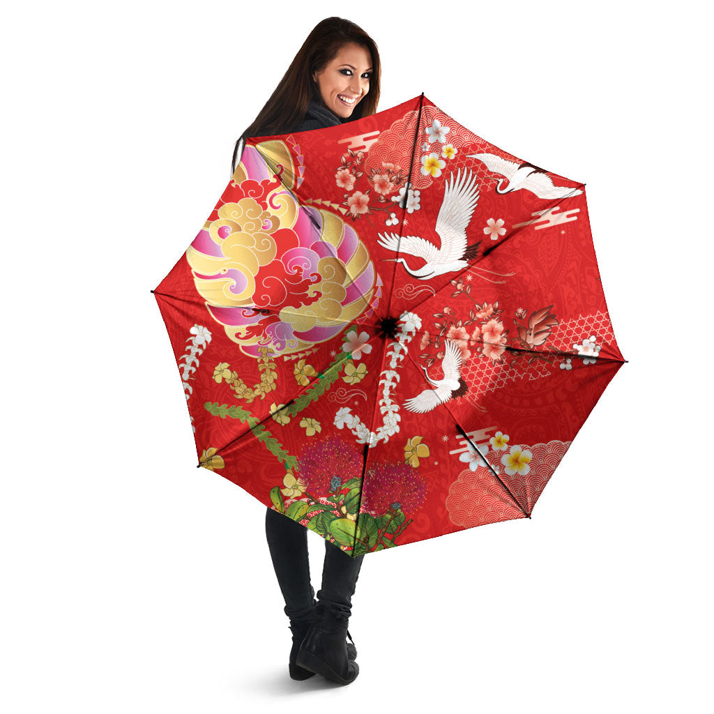 Hawaiian and Japanese Culture Together Umbrella Kakau Tribal Pattern and Irezumi Art Red Color
