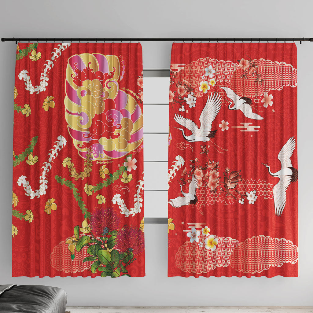 Hawaiian and Japanese Culture Together Window Curtain Kakau Tribal Pattern and Irezumi Art Red Color