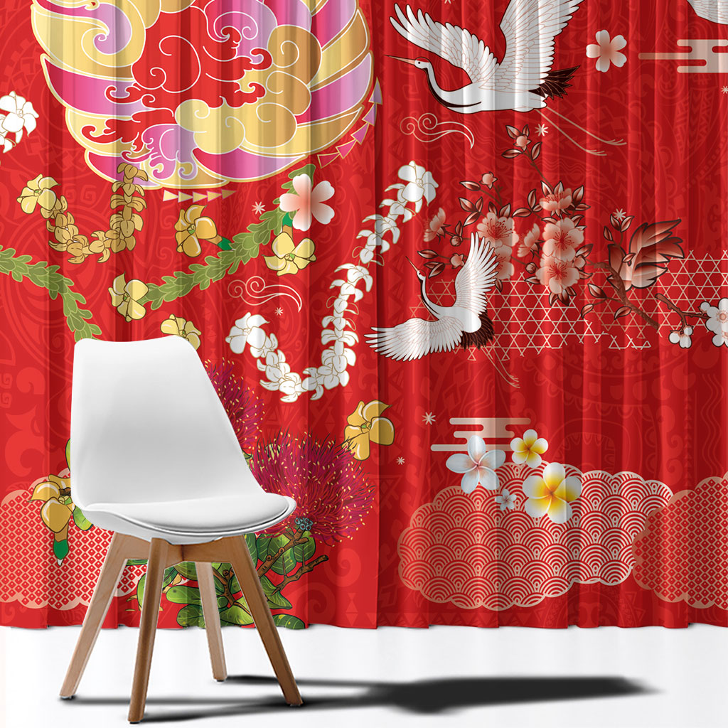 Hawaiian and Japanese Culture Together Window Curtain Kakau Tribal Pattern and Irezumi Art Red Color