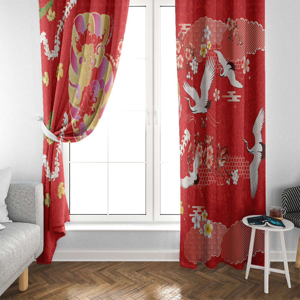 Hawaiian and Japanese Culture Together Window Curtain Kakau Tribal Pattern and Irezumi Art Red Color