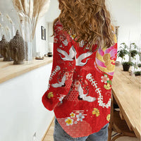 Hawaiian and Japanese Culture Together Women Casual Shirt Kakau Tribal Pattern and Irezumi Art Red Color