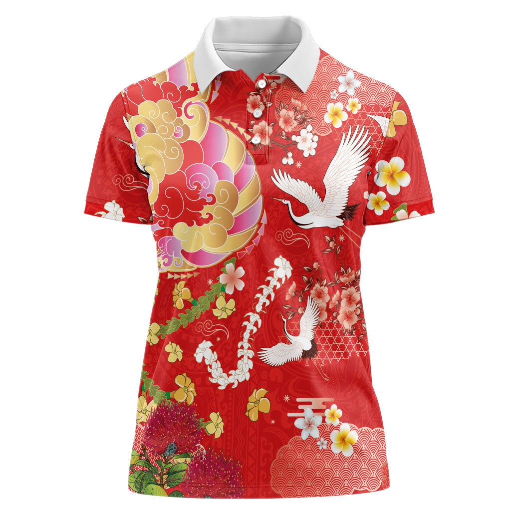 Hawaiian and Japanese Culture Together Women Polo Shirt Kakau Tribal Pattern and Irezumi Art Red Color