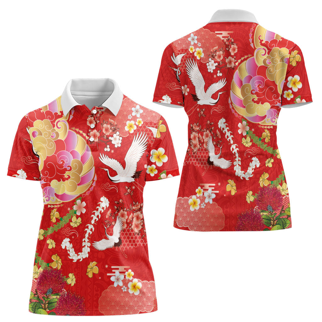 Hawaiian and Japanese Culture Together Women Polo Shirt Kakau Tribal Pattern and Irezumi Art Red Color
