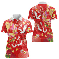 Hawaiian and Japanese Culture Together Women Polo Shirt Kakau Tribal Pattern and Irezumi Art Red Color