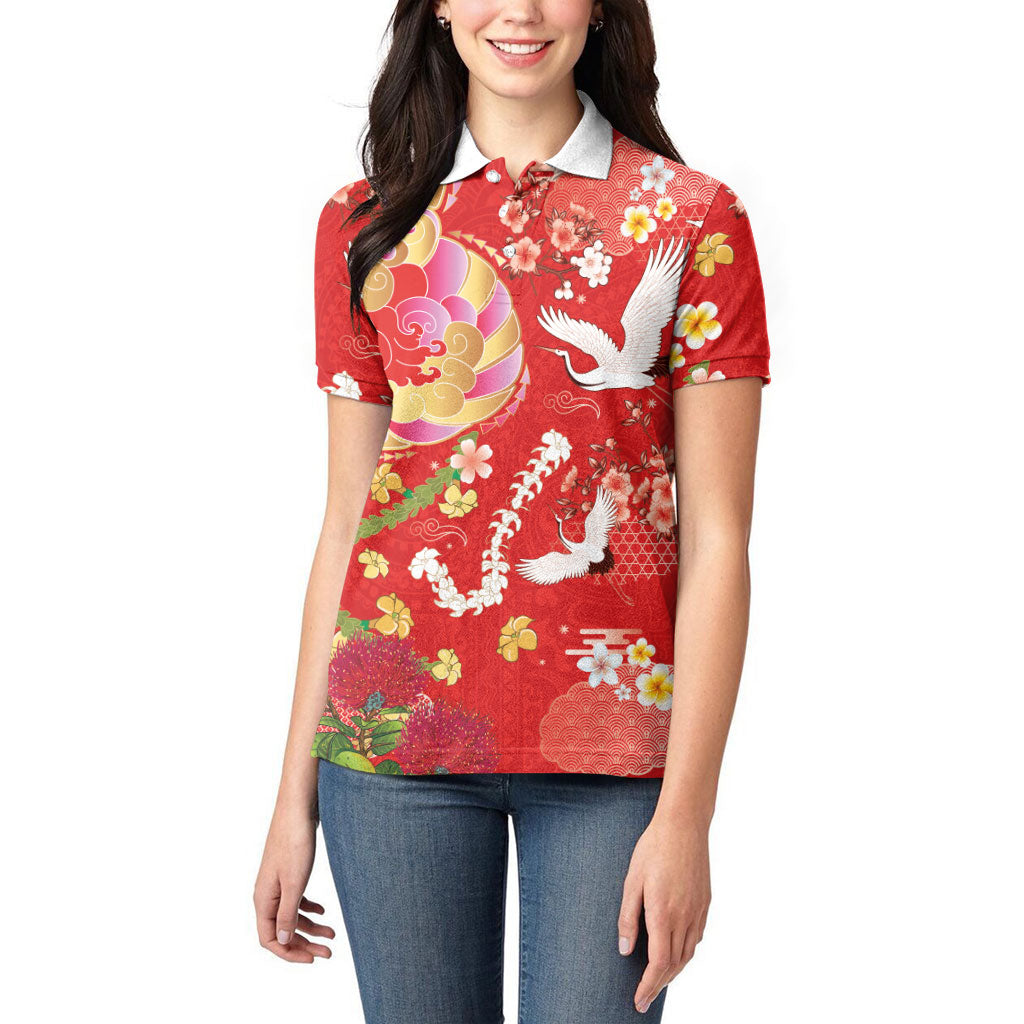 Hawaiian and Japanese Culture Together Women Polo Shirt Kakau Tribal Pattern and Irezumi Art Red Color