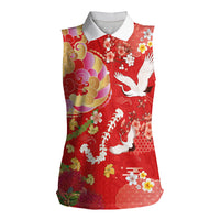 Hawaiian and Japanese Culture Together Women Sleeveless Polo Shirt Kakau Tribal Pattern and Irezumi Art Red Color