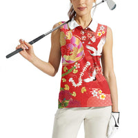 Hawaiian and Japanese Culture Together Women Sleeveless Polo Shirt Kakau Tribal Pattern and Irezumi Art Red Color