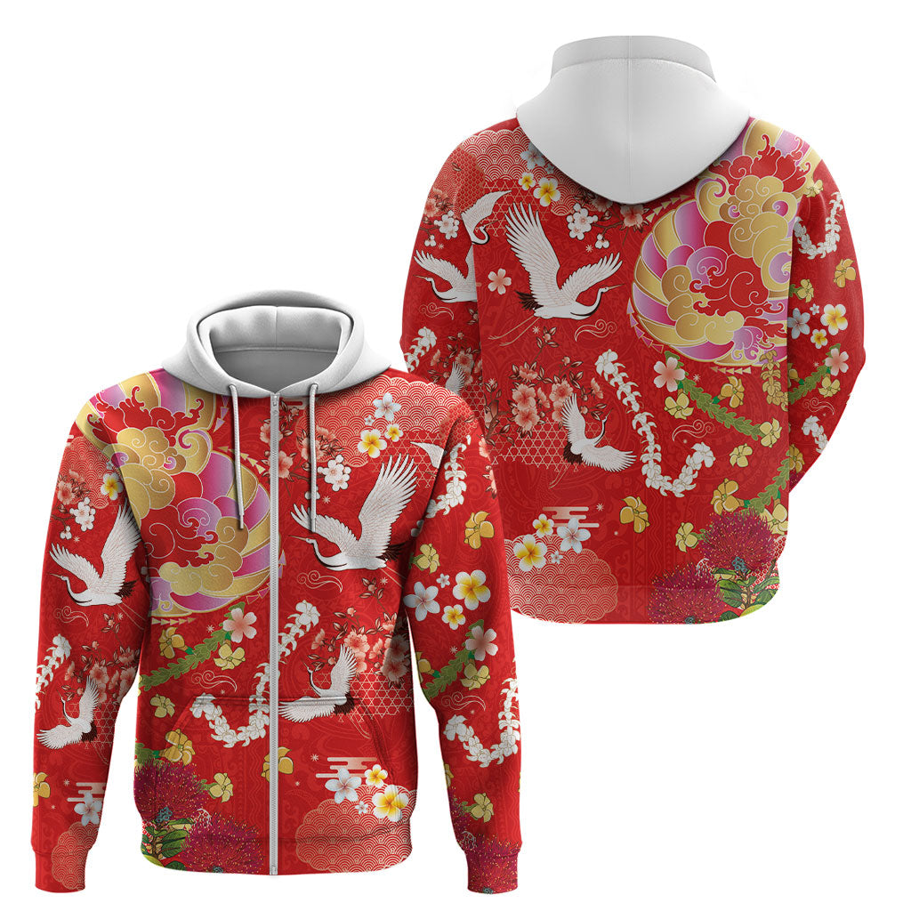 Hawaiian and Japanese Culture Together Zip Hoodie Kakau Tribal Pattern and Irezumi Art Red Color