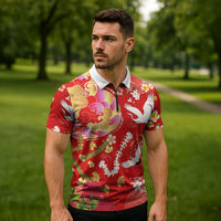 Hawaiian and Japanese Culture Together Zipper Polo Shirt Kakau Tribal Pattern and Irezumi Art Red Color
