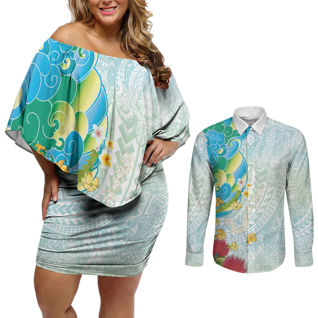 Japanese and Hawaiian Culture Fusion Couples Matching Off Shoulder Short Dress and Long Sleeve Button Shirt Irezumi with Turtles and Lei Kakau Pattern Fresh Vibe LT03 Multicolor - Polynesian Pride