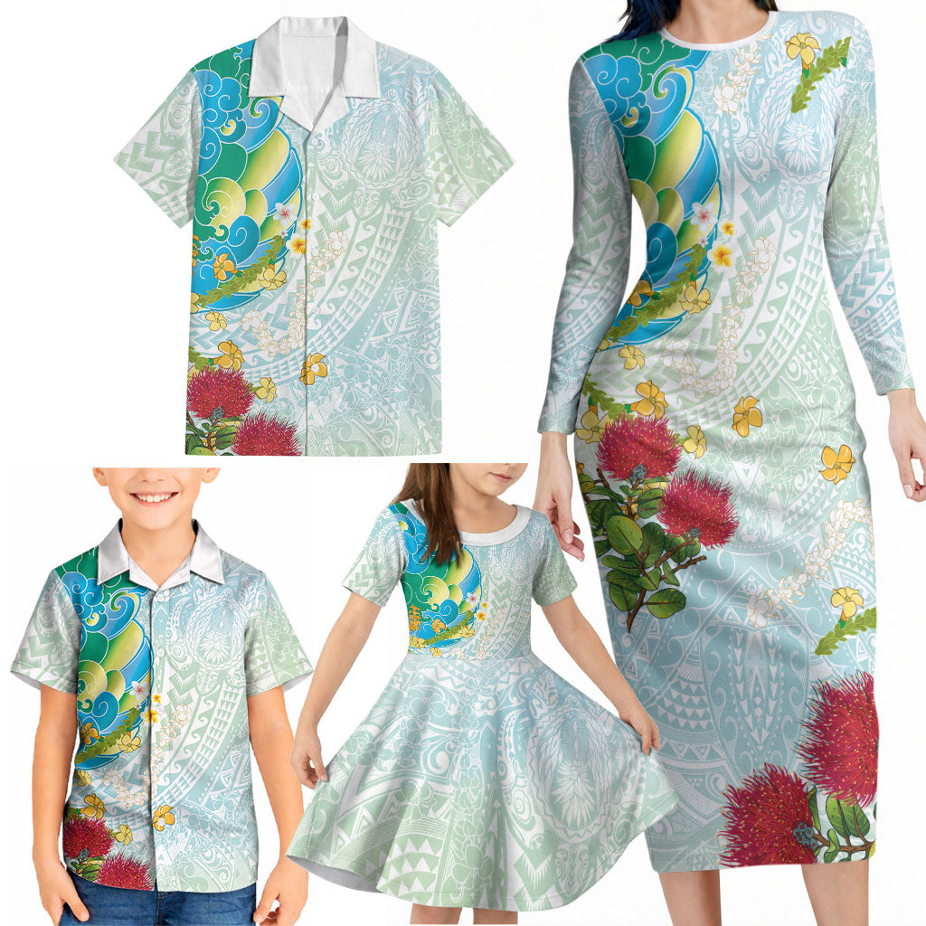 Japanese and Hawaiian Culture Fusion Family Matching Long Sleeve Bodycon Dress and Hawaiian Shirt Irezumi with Turtles and Lei Kakau Pattern Fresh Vibe LT03 - Polynesian Pride