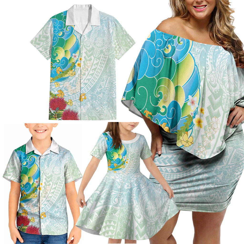 Japanese and Hawaiian Culture Fusion Family Matching Off Shoulder Short Dress and Hawaiian Shirt Irezumi with Turtles and Lei Kakau Pattern Fresh Vibe LT03 - Polynesian Pride