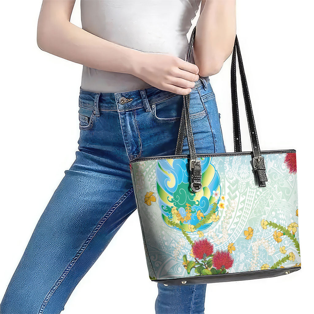 Japanese and Hawaiian Culture Fusion Leather Tote Bag Irezumi with Turtles and Lei Kakau Pattern Fresh Vibe LT03 - Polynesian Pride