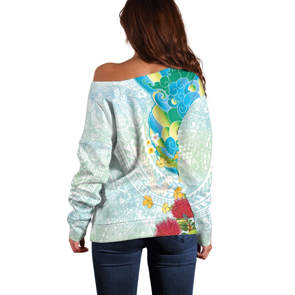 Japanese and Hawaiian Culture Fusion Off Shoulder Sweater Irezumi with Turtles and Lei Kakau Pattern Fresh Vibe LT03 - Polynesian Pride