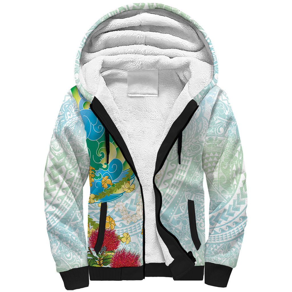 Japanese and Hawaiian Culture Fusion Sherpa Hoodie Irezumi with Turtles and Lei Kakau Pattern Fresh Vibe