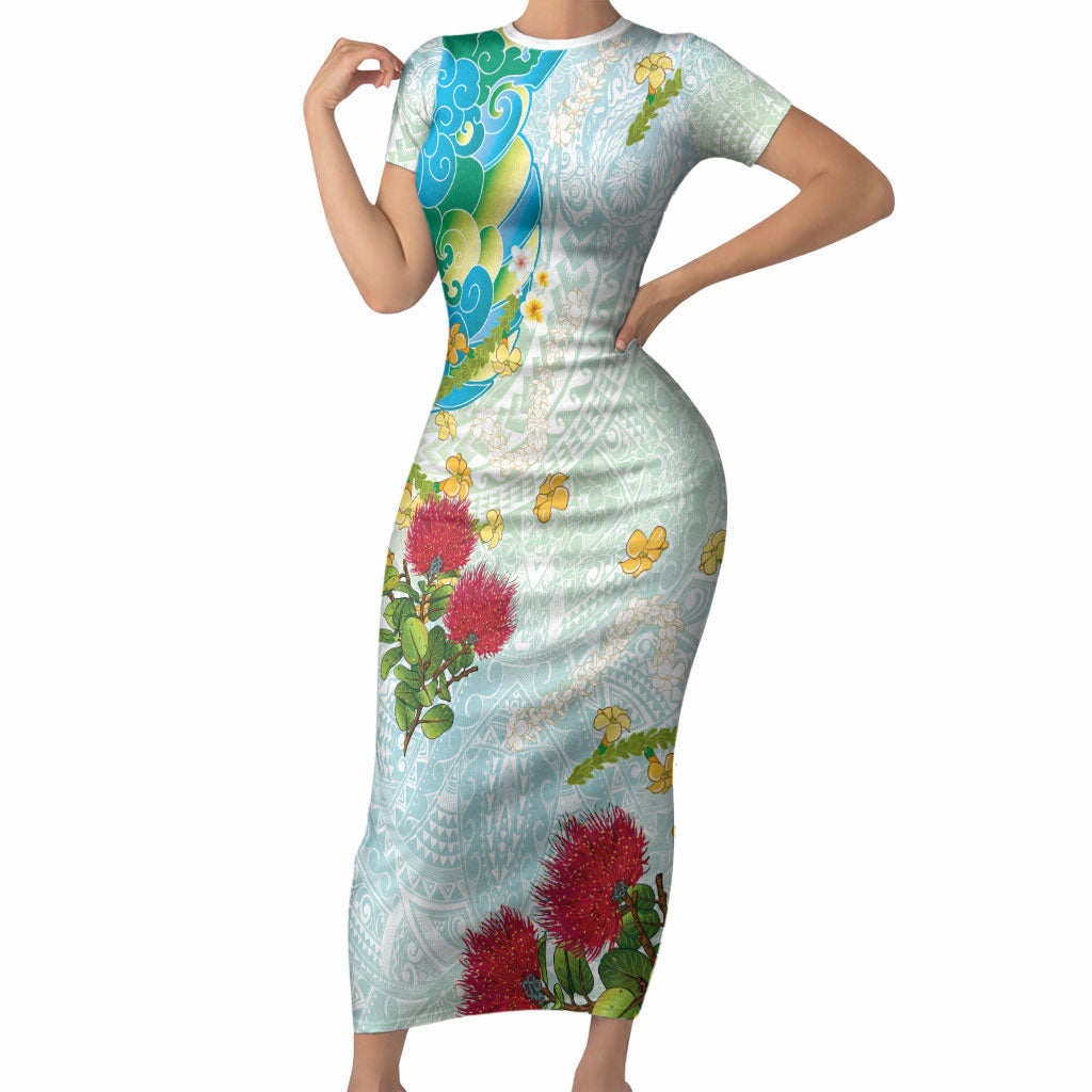 Japanese and Hawaiian Culture Fusion Short Sleeve Bodycon Dress Irezumi with Turtles and Lei Kakau Pattern Fresh Vibe LT03 Long Dress Multicolor - Polynesian Pride