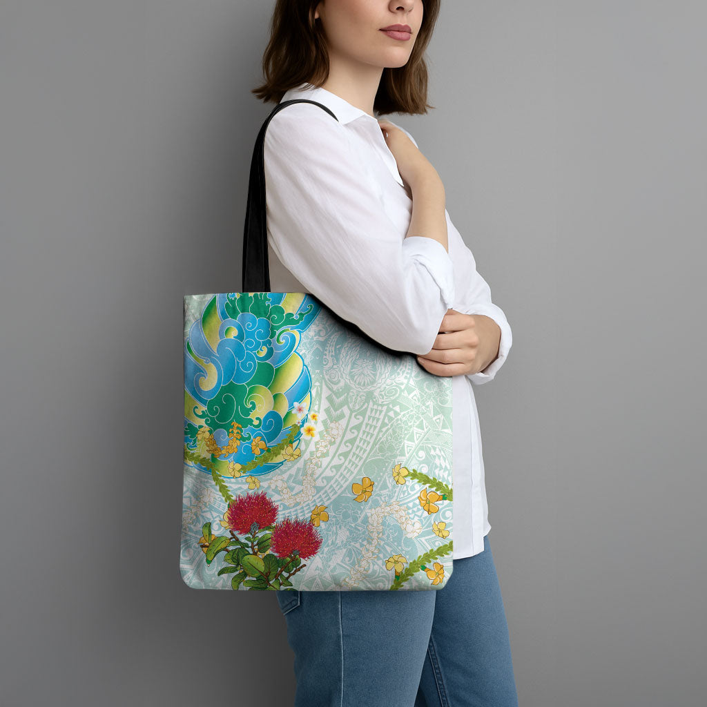 Japanese and Hawaiian Culture Fusion Tote Bag Irezumi with Turtles and Lei Kakau Pattern Fresh Vibe LT03 - Polynesian Pride