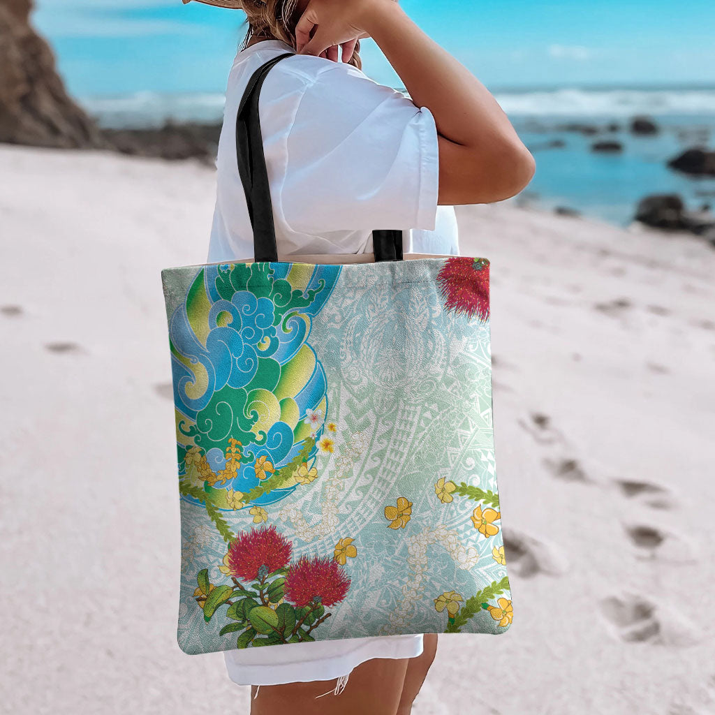 Japanese and Hawaiian Culture Fusion Tote Bag Irezumi with Turtles and Lei Kakau Pattern Fresh Vibe LT03 - Polynesian Pride