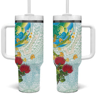 Japanese and Hawaiian Culture Fusion Tumbler With Handle Irezumi with Turtles and Lei Kakau Pattern Fresh Vibe LT03 One Size: 40 oz Multicolor - Polynesian Pride