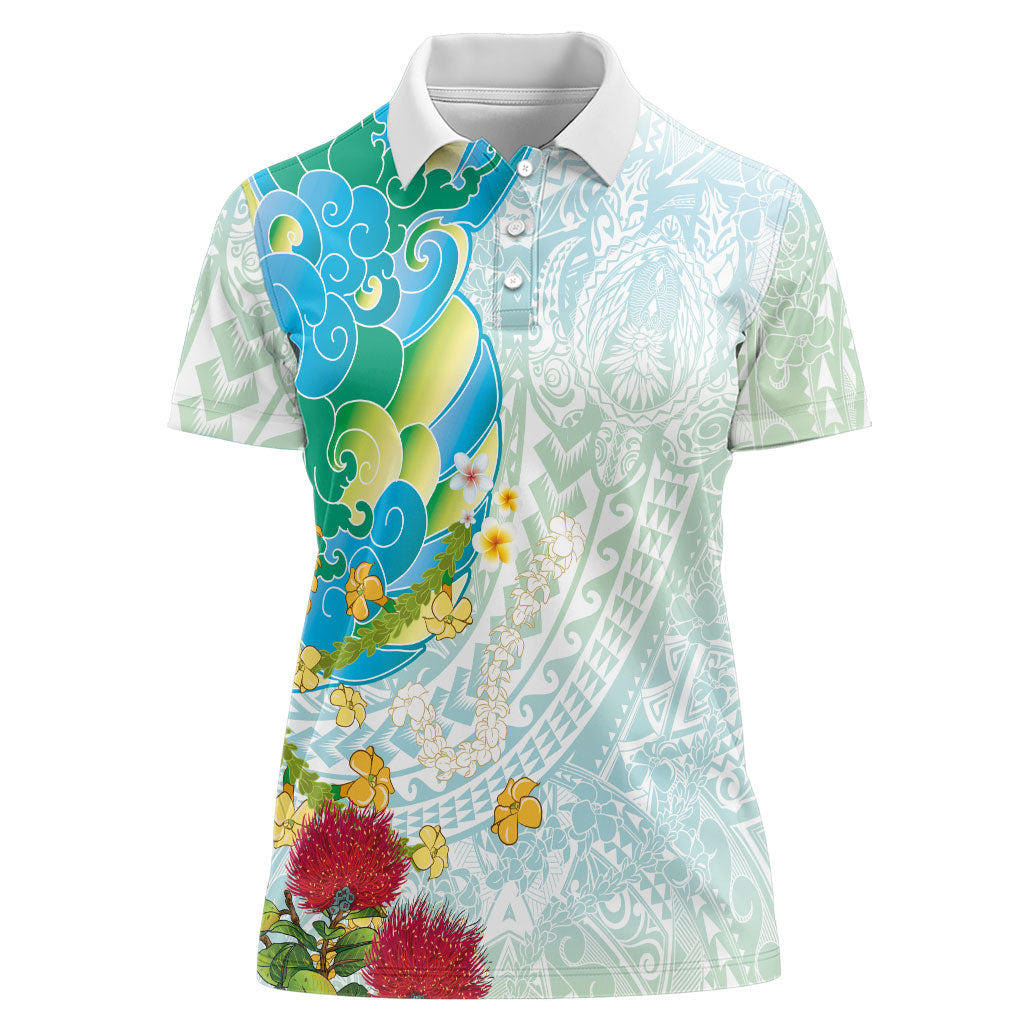 Japanese and Hawaiian Culture Fusion Women Polo Shirt Irezumi with Turtles and Lei Kakau Pattern Fresh Vibe LT03 Female Multicolor - Polynesian Pride