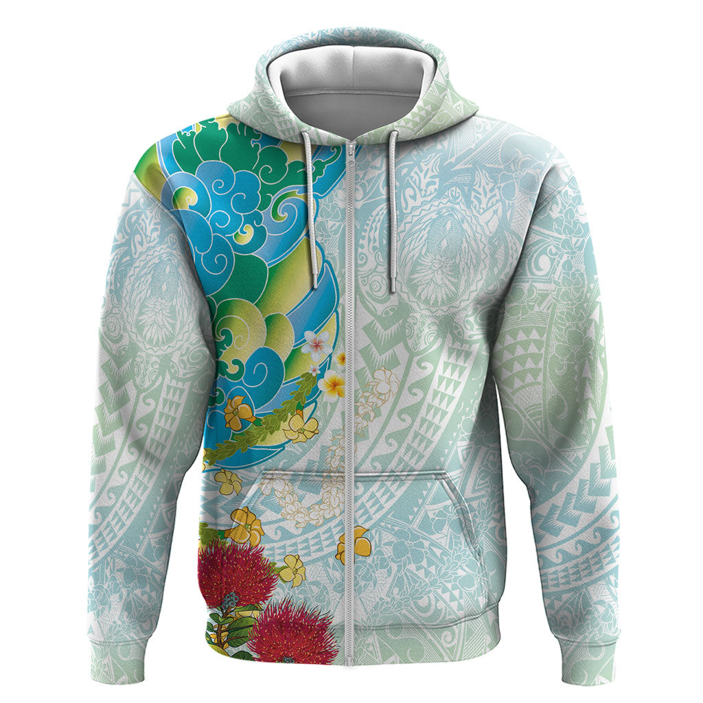Japanese and Hawaiian Culture Fusion Zip Hoodie Irezumi with Turtles and Lei Kakau Pattern Fresh Vibe LT03 Zip Hoodie Multicolor - Polynesian Pride