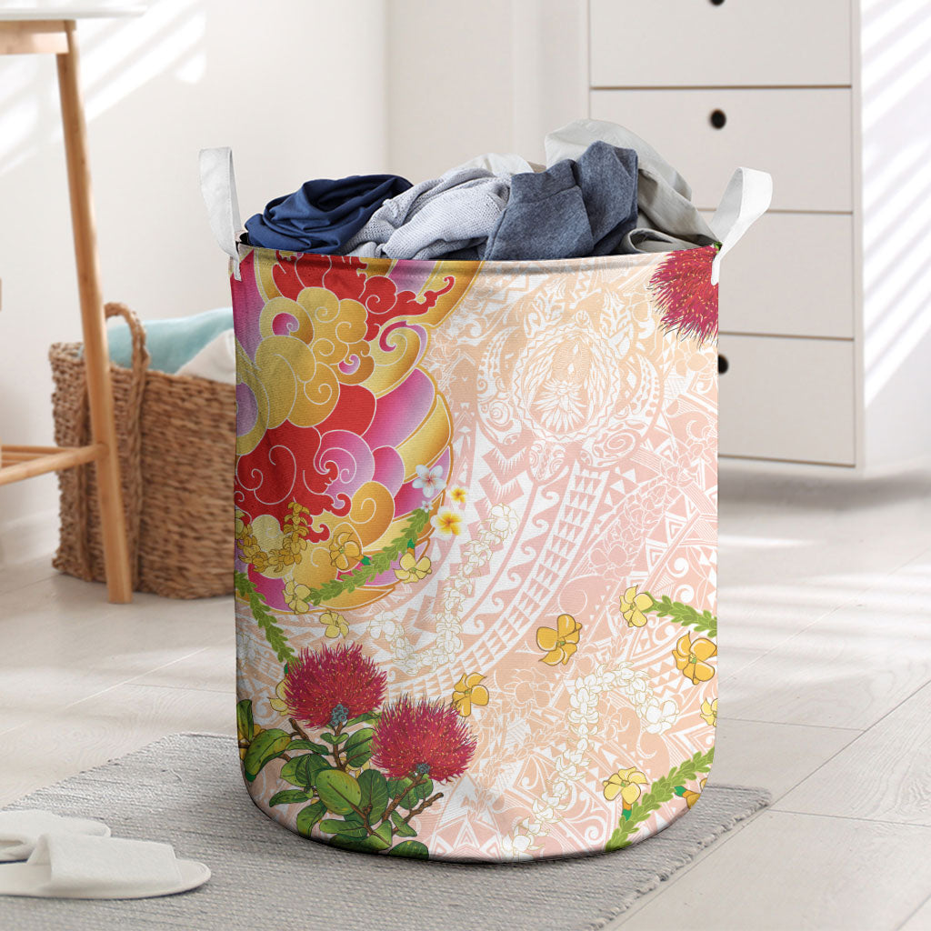 Japanese and Hawaiian Culture Fusion Laundry Basket Irezumi with Turtles and Lei Kakau Pattern Sunset Vibe LT03 Multicolor - Polynesian Pride
