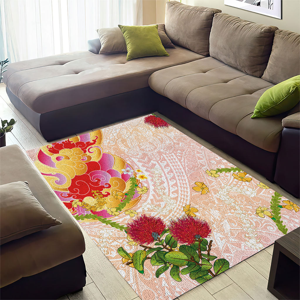Japanese and Hawaiian Culture Fusion Area Rug Irezumi with Turtles and Lei Kakau Pattern Sunset Vibe LT03 - Polynesian Pride