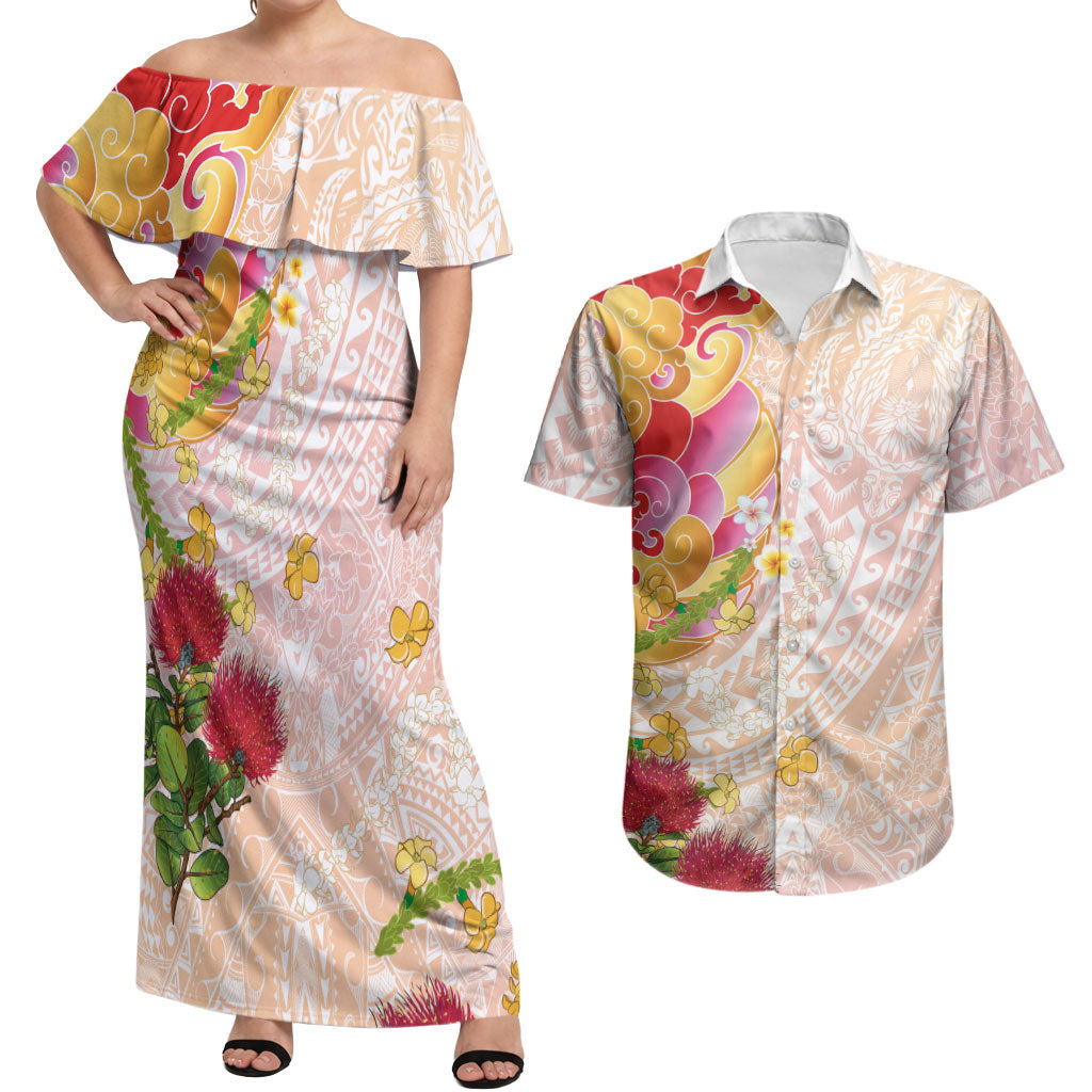 Japanese and Hawaiian Culture Fusion Couples Matching Off Shoulder Maxi Dress and Hawaiian Shirt Irezumi with Turtles and Lei Kakau Pattern Sunset Vibe