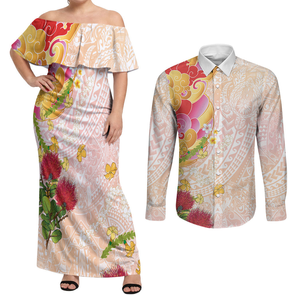 Japanese and Hawaiian Culture Fusion Couples Matching Off Shoulder Maxi Dress and Long Sleeve Button Shirt Irezumi with Turtles and Lei Kakau Pattern Sunset Vibe