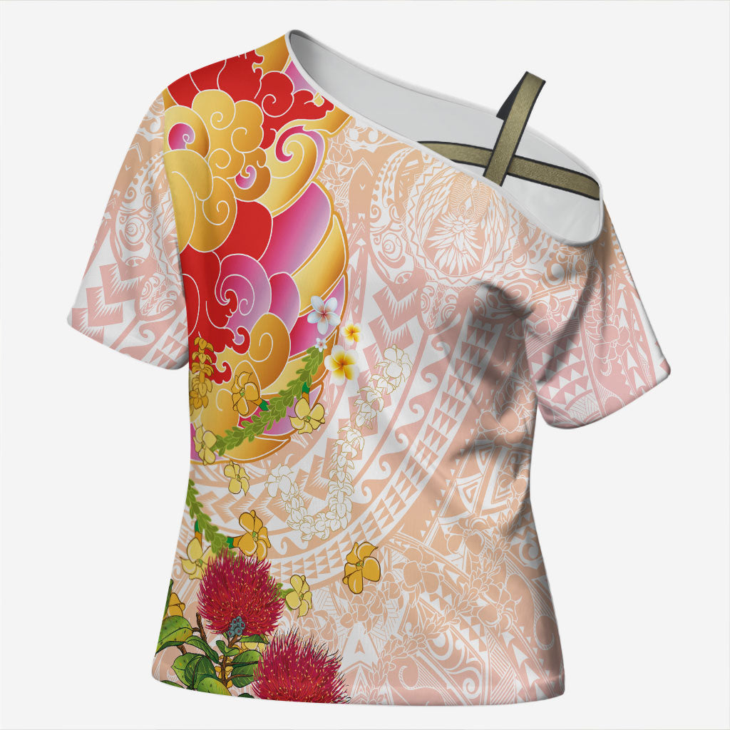 Japanese and Hawaiian Culture Fusion Cross Shoulder Shirt Irezumi with Turtles and Lei Kakau Pattern Sunset Vibe LT03 Female Multicolor - Polynesian Pride
