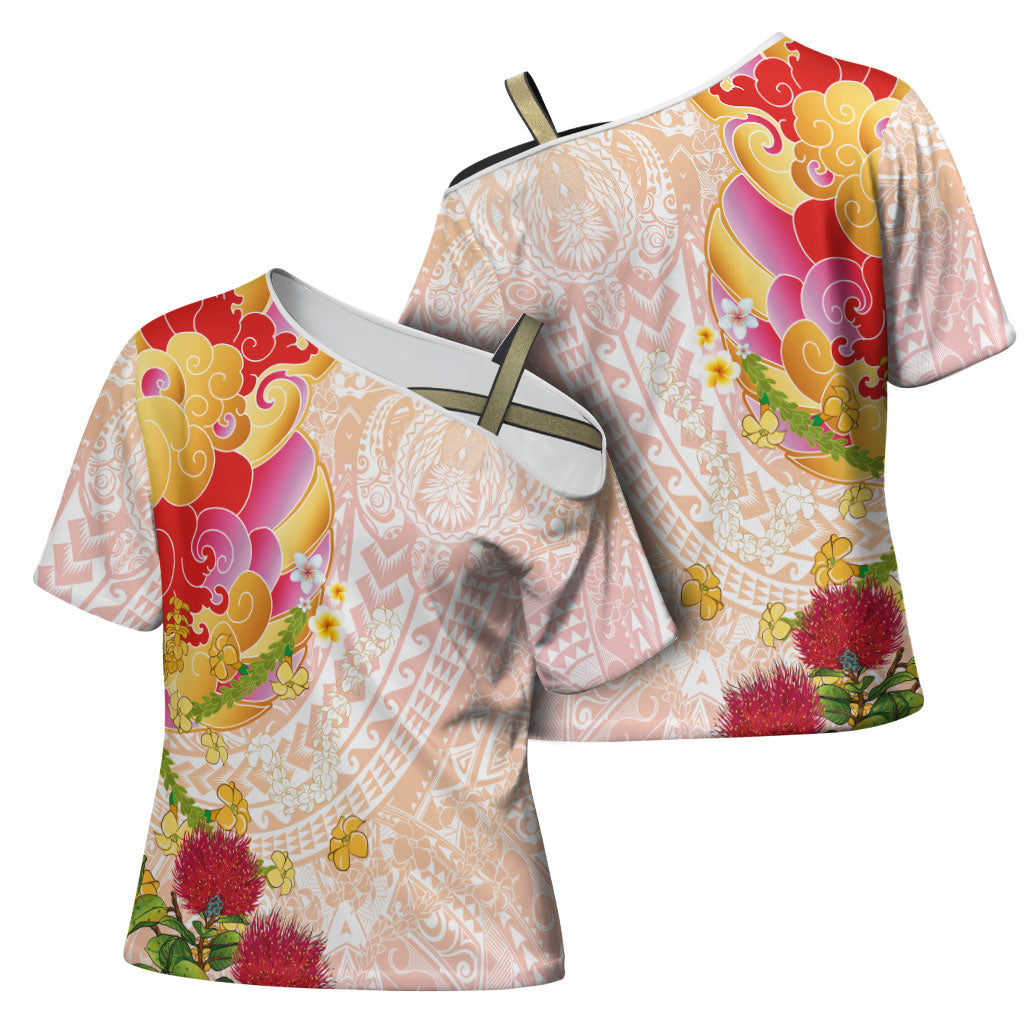 Japanese and Hawaiian Culture Fusion Cross Shoulder Shirt Irezumi with Turtles and Lei Kakau Pattern Sunset Vibe LT03 - Polynesian Pride