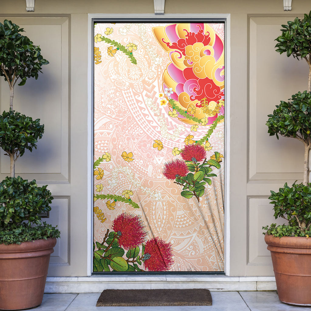 Japanese and Hawaiian Culture Fusion Door Cover Irezumi with Turtles and Lei Kakau Pattern Sunset Vibe