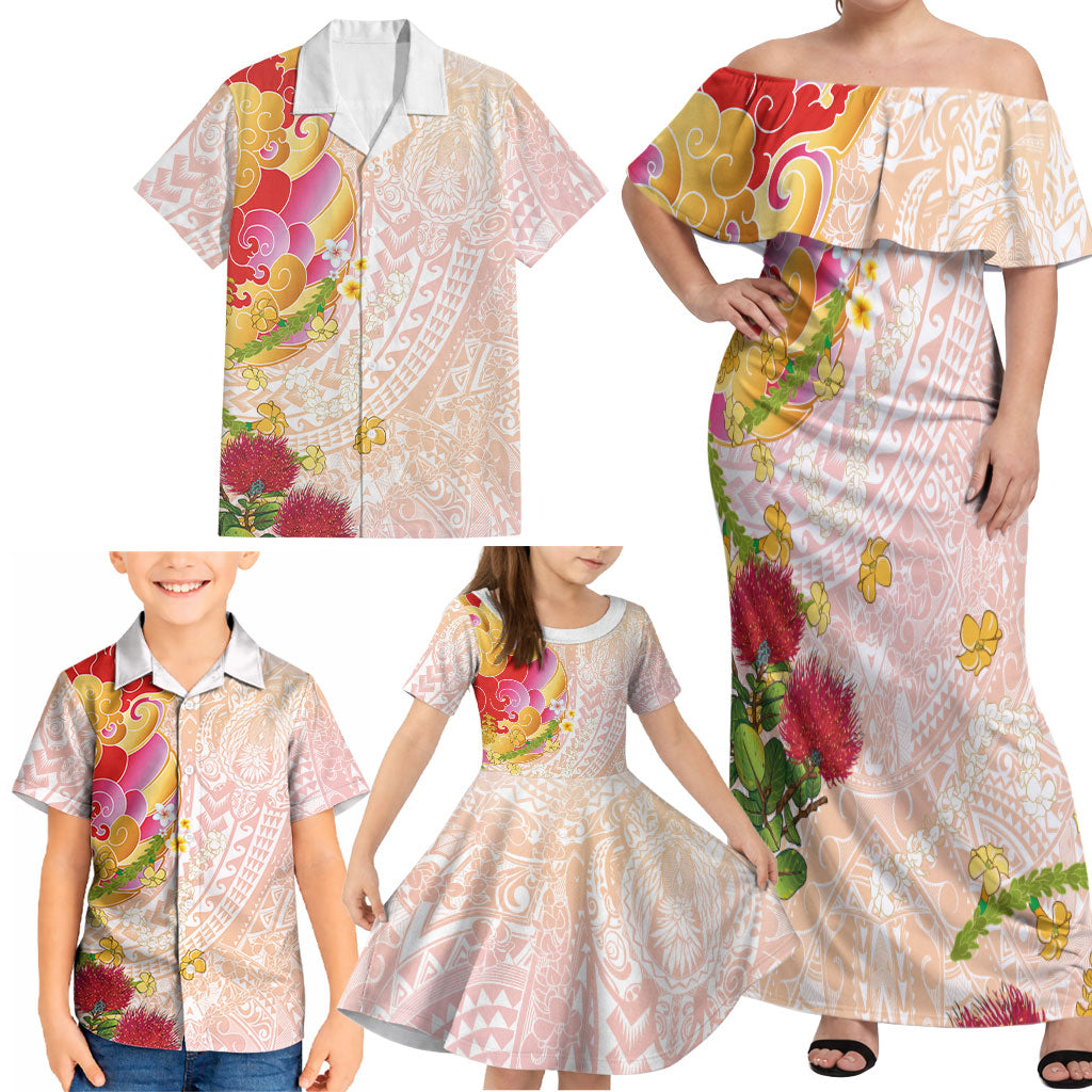 Japanese and Hawaiian Culture Fusion Family Matching Off Shoulder Maxi Dress and Hawaiian Shirt Irezumi with Turtles and Lei Kakau Pattern Sunset Vibe