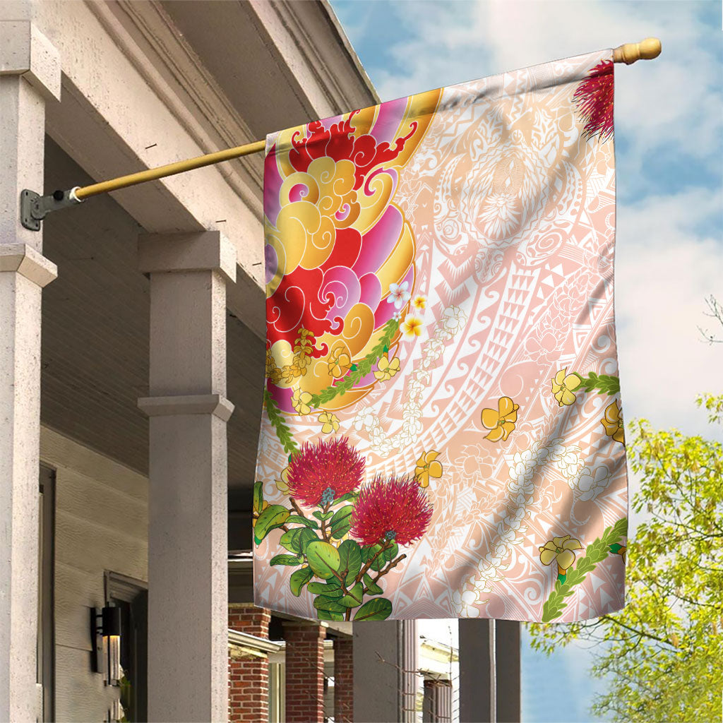 Japanese and Hawaiian Culture Fusion Garden Flag Irezumi with Turtles and Lei Kakau Pattern Sunset Vibe LT03 House Flag Multicolor - Polynesian Pride