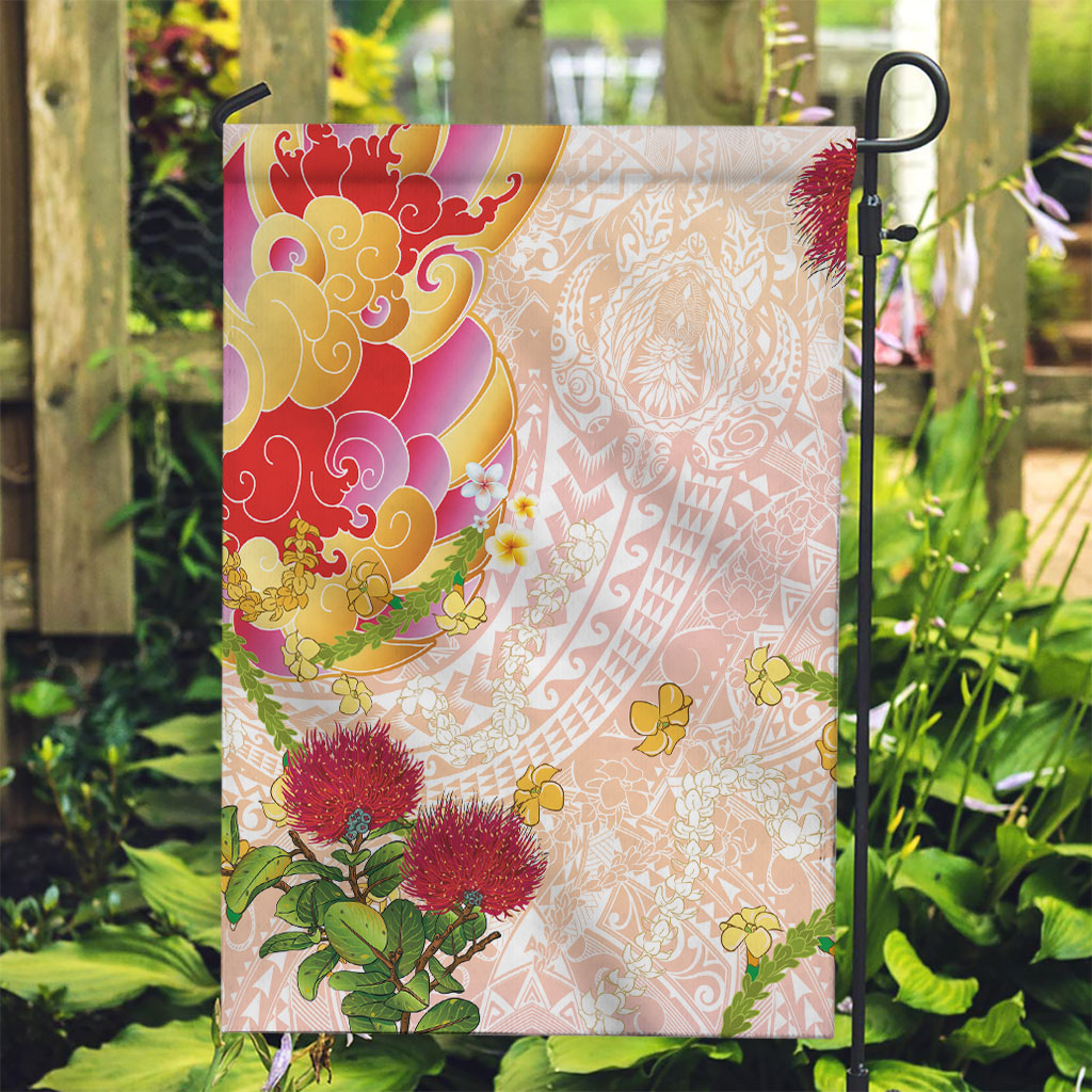 Japanese and Hawaiian Culture Fusion Garden Flag Irezumi with Turtles and Lei Kakau Pattern Sunset Vibe LT03 Garden Flag Multicolor - Polynesian Pride