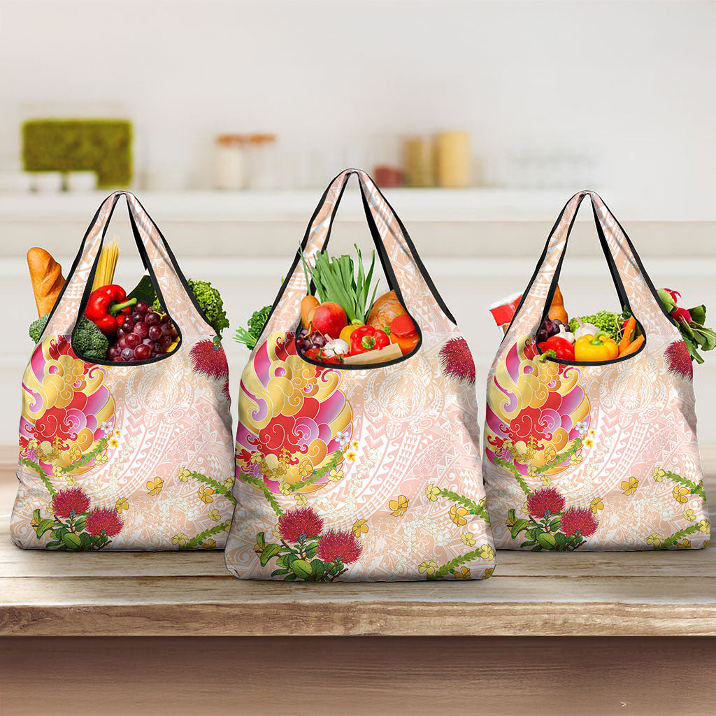 Japanese and Hawaiian Culture Fusion Grocery Bag Irezumi with Turtles and Lei Kakau Pattern Sunset Vibe LT03 3-pack One Size Multicolor - Polynesian Pride