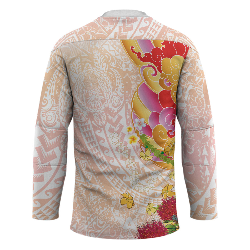 Japanese and Hawaiian Culture Fusion Hockey Jersey Irezumi with Turtles and Lei Kakau Pattern Sunset Vibe LT03 - Polynesian Pride