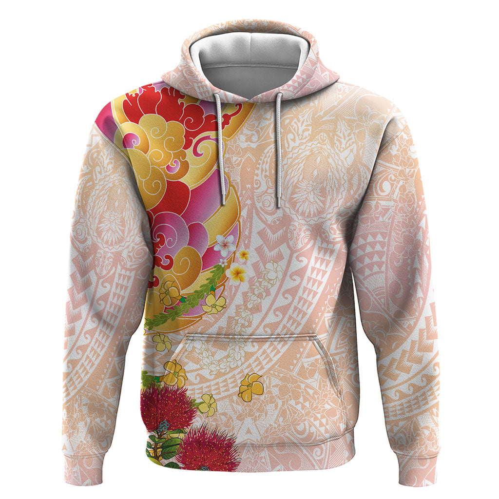 Japanese and Hawaiian Culture Fusion Hoodie Irezumi with Turtles and Lei Kakau Pattern Sunset Vibe LT03 Pullover Hoodie Multicolor - Polynesian Pride
