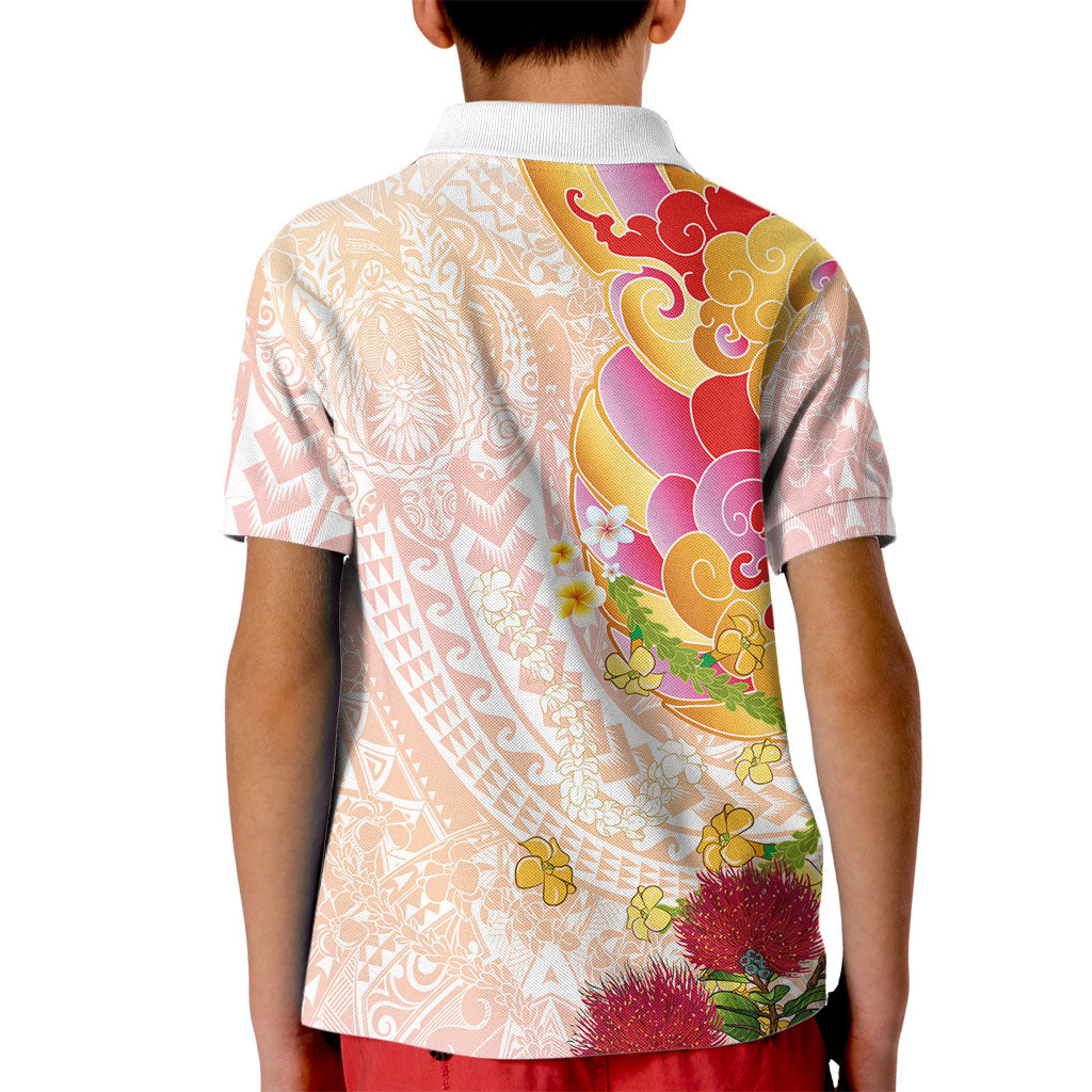 Japanese and Hawaiian Culture Fusion Kid Polo Shirt Irezumi with Turtles and Lei Kakau Pattern Sunset Vibe LT03 - Polynesian Pride