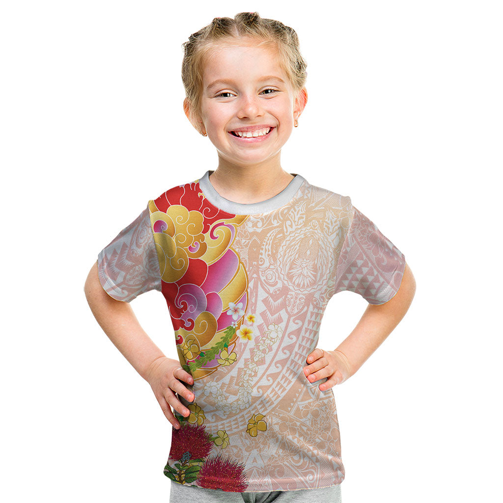 Japanese and Hawaiian Culture Fusion Kid T Shirt Irezumi with Turtles and Lei Kakau Pattern Sunset Vibe