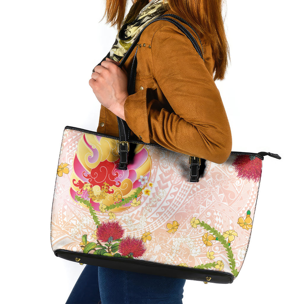 Japanese and Hawaiian Culture Fusion Leather Tote Bag Irezumi with Turtles and Lei Kakau Pattern Sunset Vibe LT03 Multicolor - Polynesian Pride