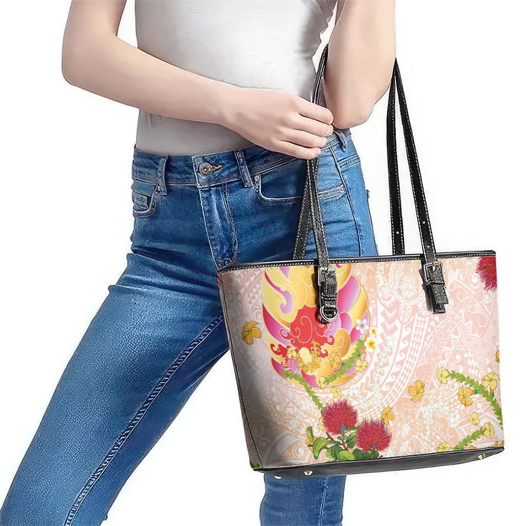 Japanese and Hawaiian Culture Fusion Leather Tote Bag Irezumi with Turtles and Lei Kakau Pattern Sunset Vibe LT03 - Polynesian Pride